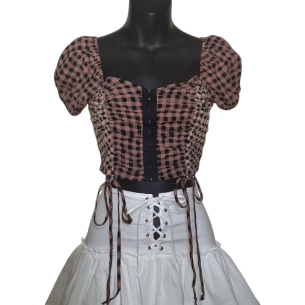 Gingham Corset Puff Sleeve Top Boho Cottage Coquette Y2K Prairie Crop Fairy M